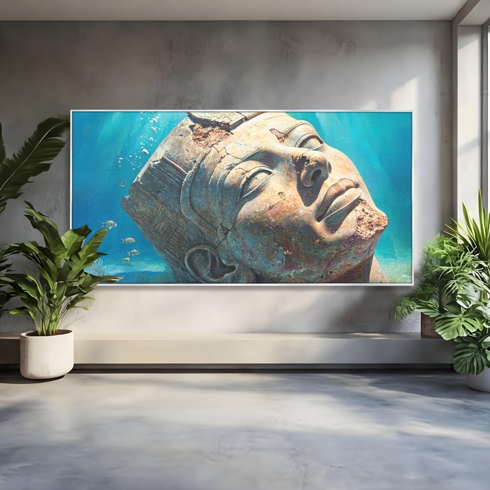 Tablou canvas cu cap de statuie faraonica scufundat, in rama de aluminiu argintiu